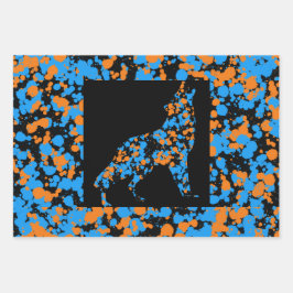 Hoja De Papel De Regalo Lobo Azul Naranja Pintura Salpicada 