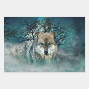 Hoja De Papel De Regalo Lobo lleno de luna en niebla