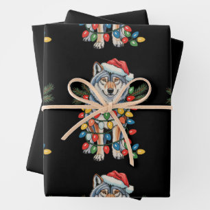 Hoja De Papel De Regalo Lobo Navideño Gorro de Papá Noel Luces de Navidad 