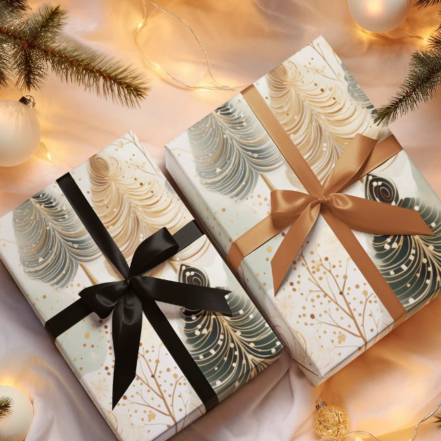 Hoja De Papel De Regalo Los tonos neutros cautivan a los Navidades (Ivory and hunter green whimsical tree pattern in neutral tones for the holiday seasons)