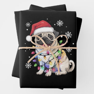 Hoja De Papel De Regalo Luces de Navidad de Pug Santa Amante de Perros Xma