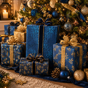 Hoja De Papel De Regalo Lujo azul dorado elegante de Navidad