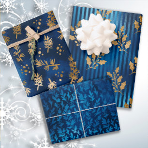 Hoja De Papel De Regalo Lujo azul dorado elegante de Navidad