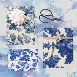 Hoja De Papel De Regalo Lujosa Toile Francesa Floral Grabada Azul Soñador