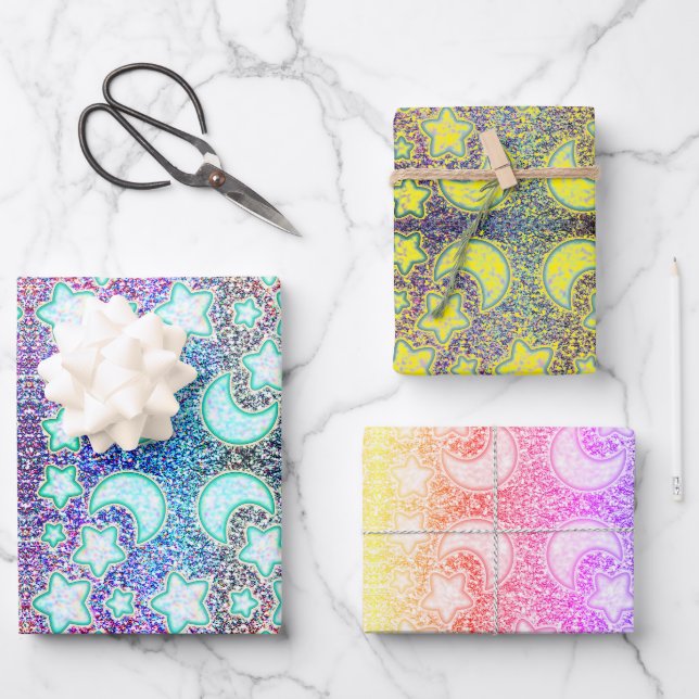 Hoja De Papel De Regalo Luna arco iris con estrellas brillantes en galaxia (Anverso)