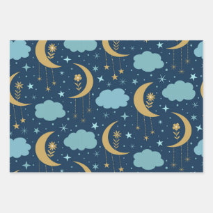 Hoja De Papel De Regalo Luna Bohemia Dorada Con Flores Y Nubes