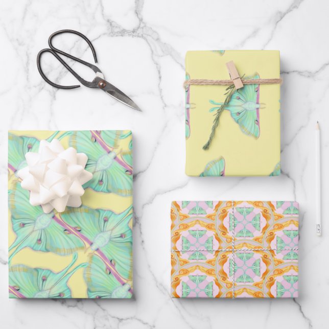 Hoja De Papel De Regalo Luna Moth en amarillo (Anverso)