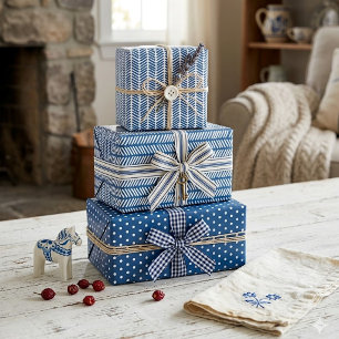 Hoja De Papel De Regalo Lunares Blancos Chevron Rayas Sobre Azul Francés