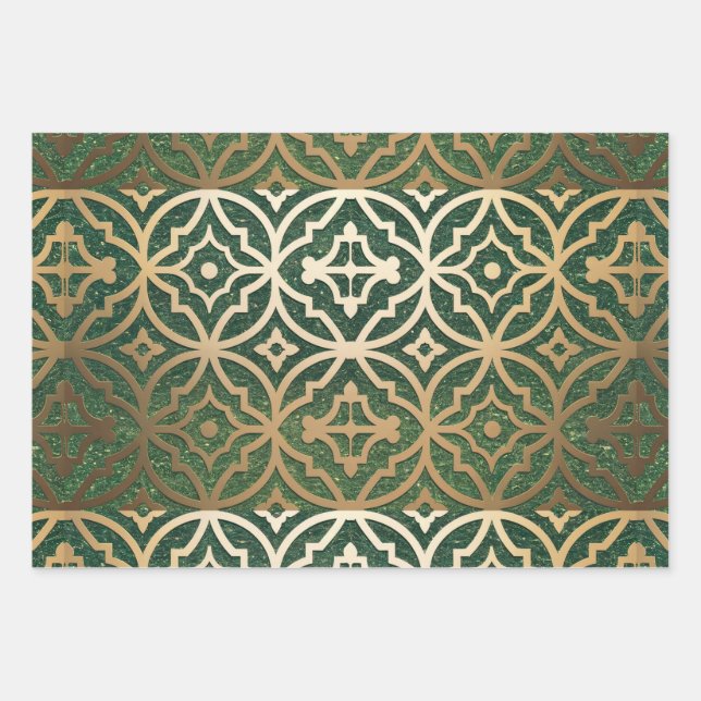 Hoja De Papel De Regalo Luxe Faux Green Purpurina Metallic Gold Kaleidosco (Anverso)