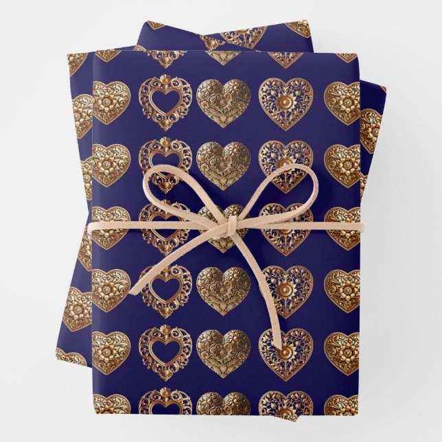 Hoja De Papel De Regalo Luxurious Golden Baroque Hearts Pattern on Navy Bl (In situ)