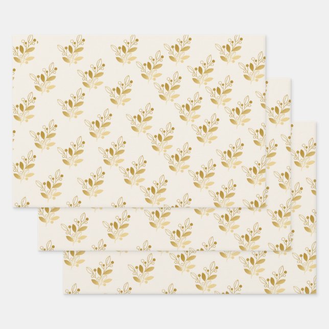 Hoja De Papel De Regalo Luxury Floral Gift Gold Leaf Botanical Wrap Roll (Set)