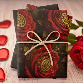 Hoja De Papel De Regalo Luxury Steampunk Roses Romantic Gold Gears