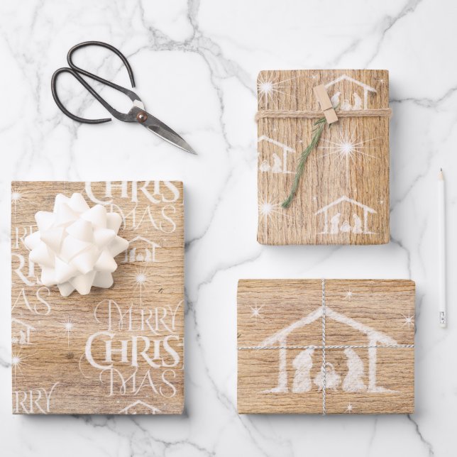 Hoja De Papel De Regalo Madera Rústica Feliz Nacimiento Cristiano Whi (Anverso)