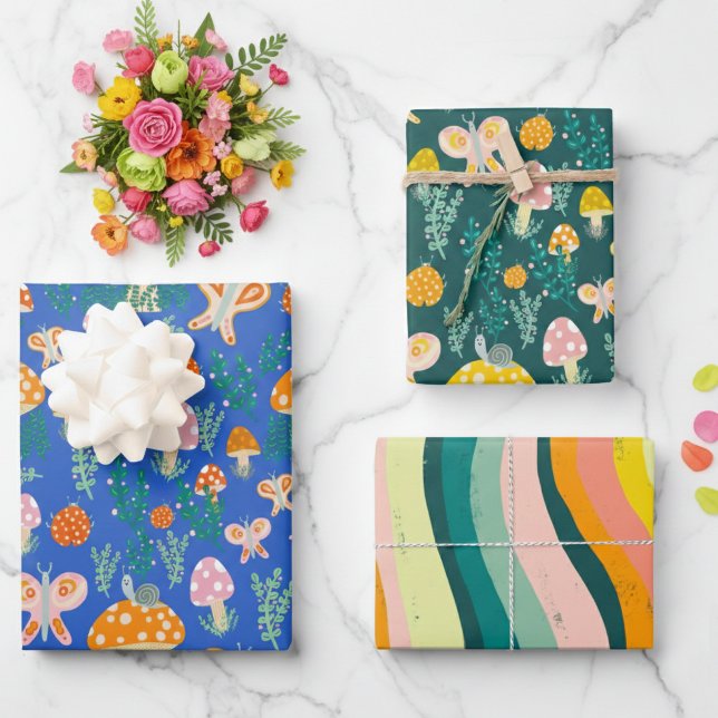 Hoja De Papel De Regalo Magia Mushrooms Cute Butterflies Sniceps Ladybugs (Magic Mushrooms Cute Butterflies Snails Ladybugs Hand-drawn Colorful Wrapping Paper Sheets
)