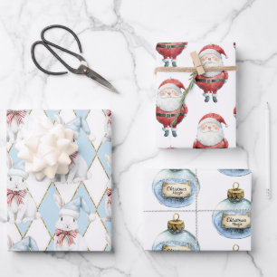 Hoja De Papel De Regalo Magia Navideña Azul Roja Santa Conejo Conejito