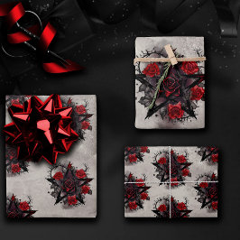 Hoja De Papel De Regalo Magia | Pentagrama gótico con rosales rojas thóric