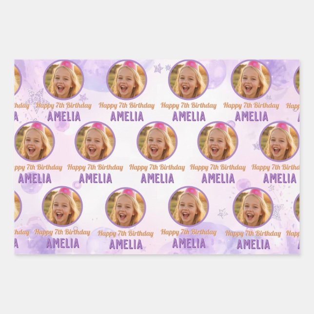 Hoja De Papel De Regalo Magical Purple Photo Birthday Party  (Anverso)