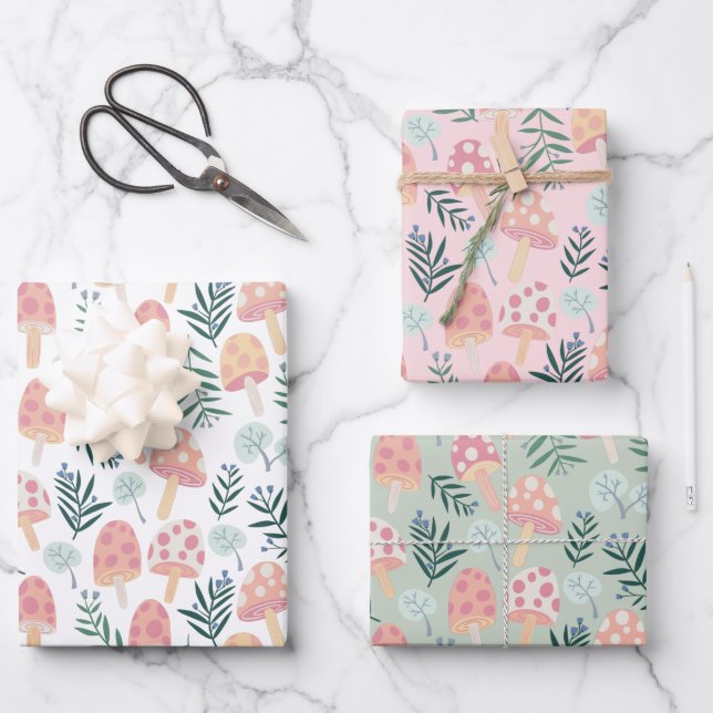 Hoja De Papel De Regalo Magnífico Mushrooms Forest Pattern Pink Green (Anverso)