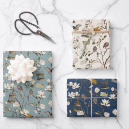 Hoja De Papel De Regalo Magnolia Grove with Owls in Cream and Blue