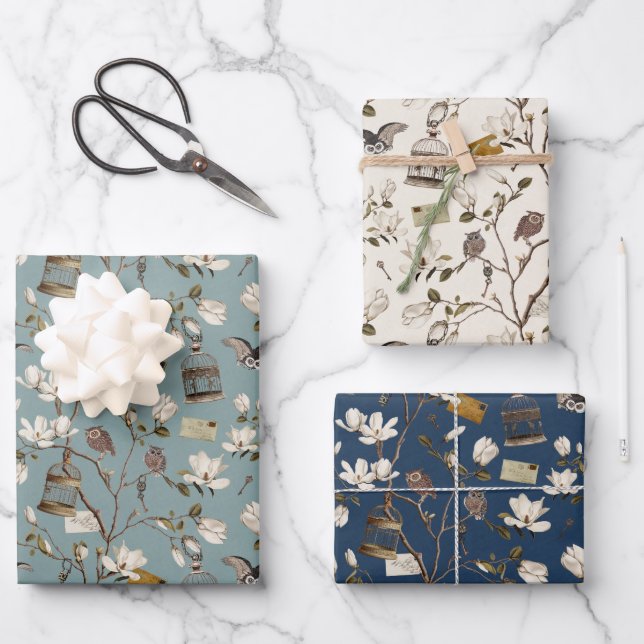 Hoja De Papel De Regalo Magnolia Grove with Owls in Cream and Blue (Anverso)