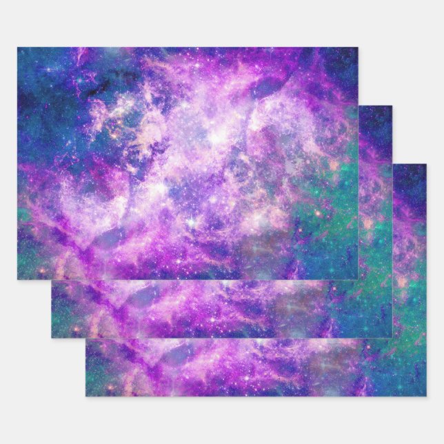 Hoja De Papel De Regalo Majestic Verde azulado Purple Starry Space Nebula (Set)