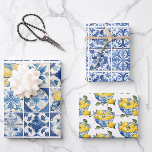 Hoja De Papel De Regalo Majolica Tiles Blue Lemons Amalfi Italia 1 (Anverso)