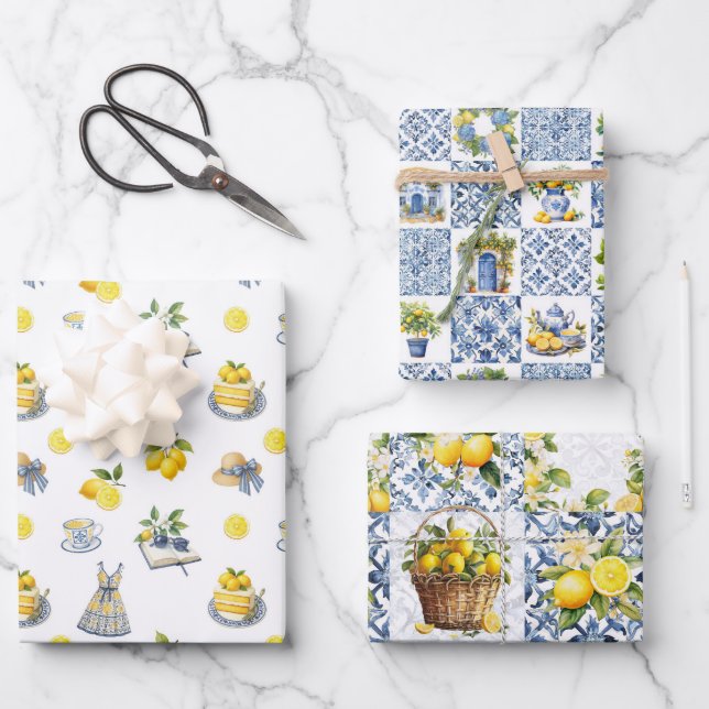 Hoja De Papel De Regalo Majolica Tiles Blue Lemons Amalfi Italia 2 (Anverso)