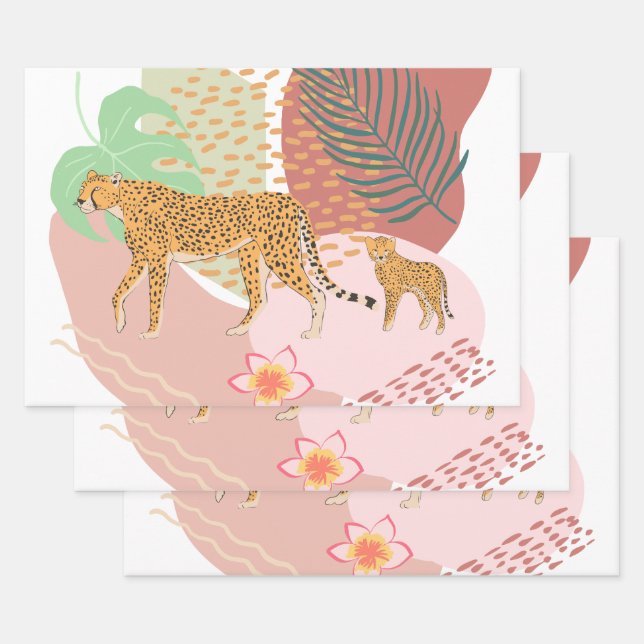 Hoja De Papel De Regalo Mamá leopardo y bebé en la jungla (Set)