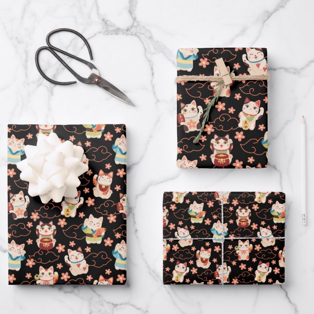 Hoja De Papel De Regalo Maneki Neko Lucky Cats Wrapping Paper Set (Anverso)