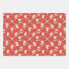 Hoja De Papel De Regalo Maneki Neko Lucky Cats Wrapping Paper Set