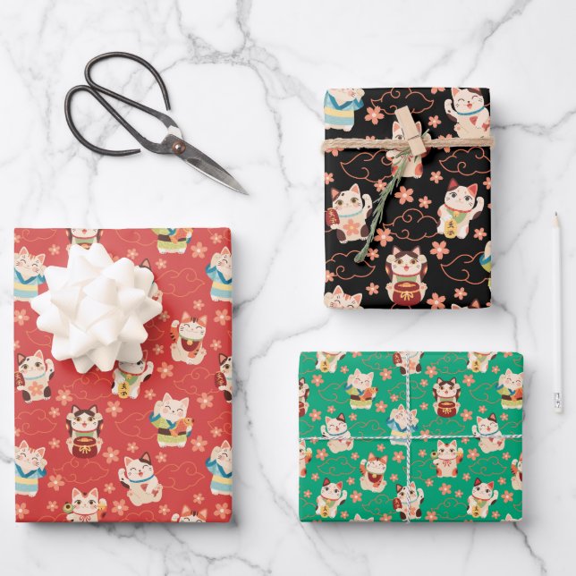 Hoja De Papel De Regalo Maneki Neko Lucky Cats Wrapping Paper Set (Anverso)