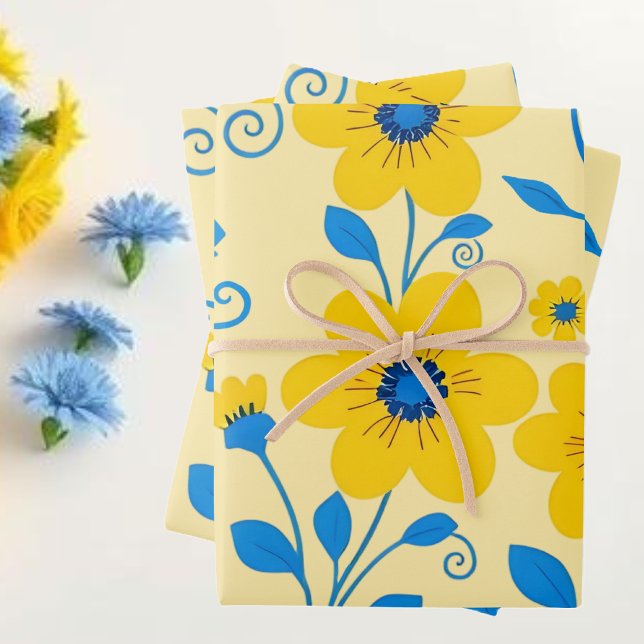 Hoja De Papel De Regalo Mantequilla floral amarilla y azul (Butter Yellow and Blue Floral Wrapping Paper Sheets)