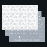 Hoja De Papel De Regalo Mapa azul del mapa romántico de pasaporte<br><div class="desc">Estampilla de pasaporte matrimonial personalizada azul y polvorienta inspirada en el viaje, monograma de viaje para el corazón del avión y diseño de mapas mundiales sobre papel de envoltura personalizado con múltiples diseños para una pareja nupcial de destino o tema de viaje, ducha nupcial o decoración de mesa de recepción....</div>