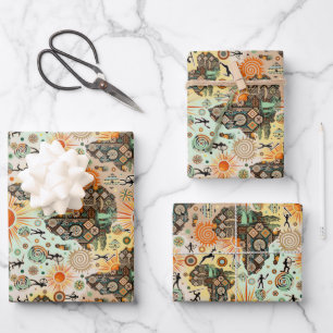 Hoja De Papel De Regalo Mapa de África Elementos Tribales Patrón Decorativ