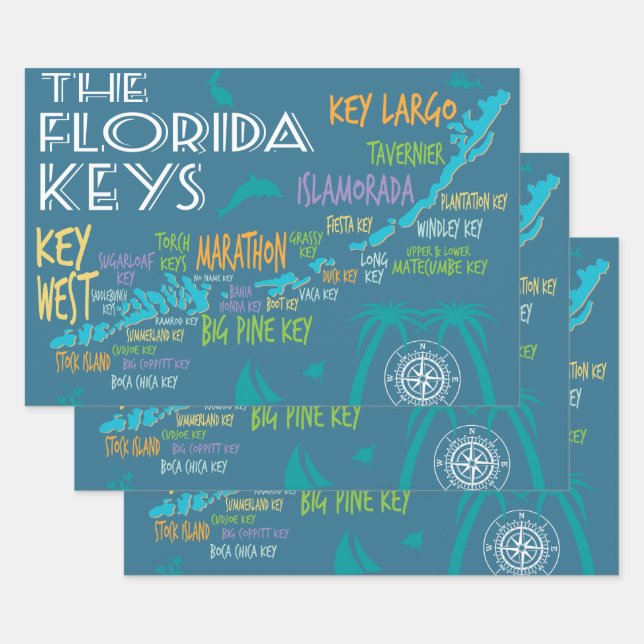 Hoja De Papel De Regalo Mapa de Cayas de Florida con nombres de islas (Set)