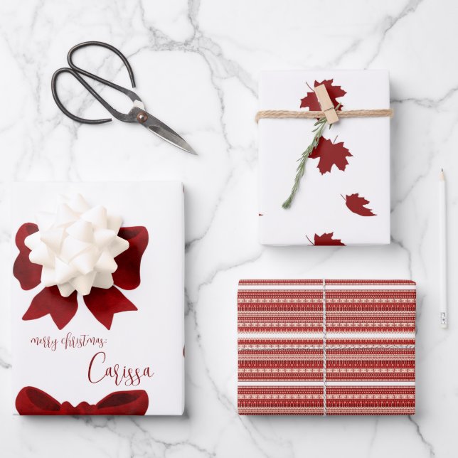 Hoja De Papel De Regalo Maple moderno simple deja a los Navidades rojos en (Anverso)