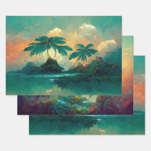 Hoja De Papel De Regalo Mar de fantasía tropical y palmeras