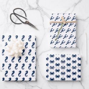 Hoja De Papel De Regalo Mar Náutico Patrón de animales de langosta caballi