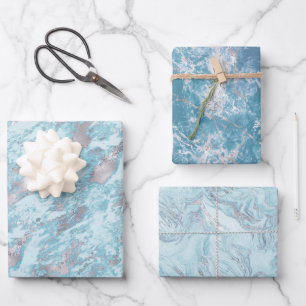 Hoja De Papel De Regalo Marble plateado azul acuático