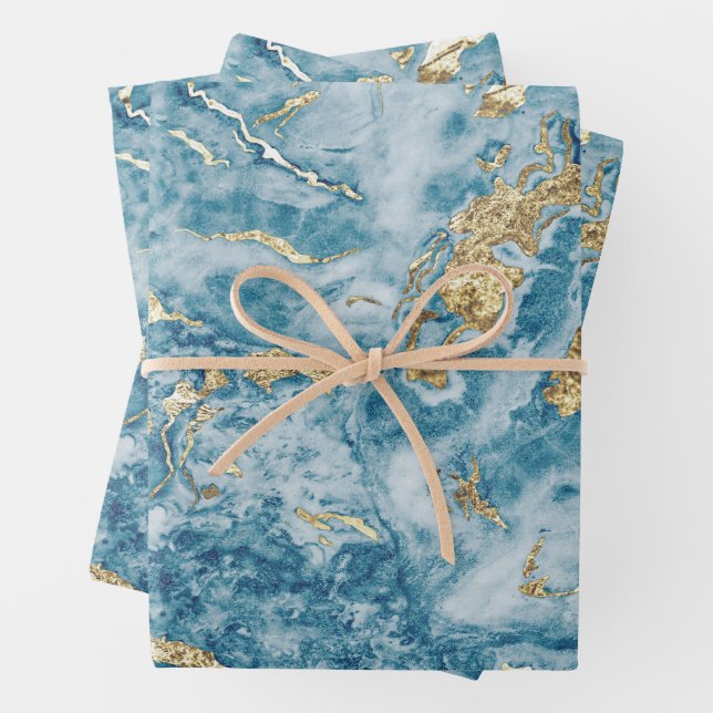 Hoja De Papel De Regalo Marble Swirls Blue Gold (In situ)