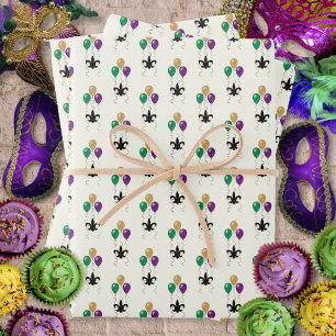 Hoja De Papel De Regalo Mardi Gras Black Fleur DeLis con globos en marfil