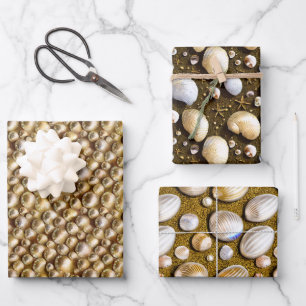 Hoja De Papel De Regalo Marejadas perlas arenales cáscaras de arena dorada