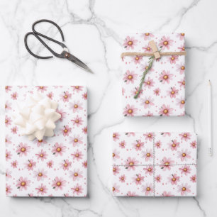 Hoja De Papel De Regalo Margaritas rosadas y puntos en blanco