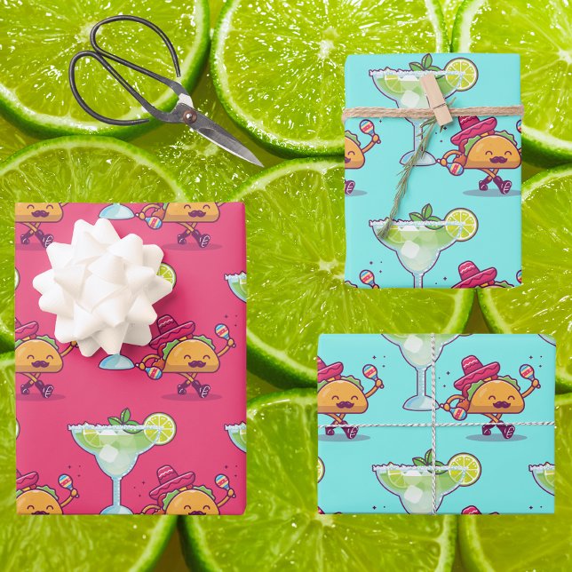 Hoja De Papel De Regalo Margaritas y tacos de cumpleaños rosa y azul (Subido por el creador)