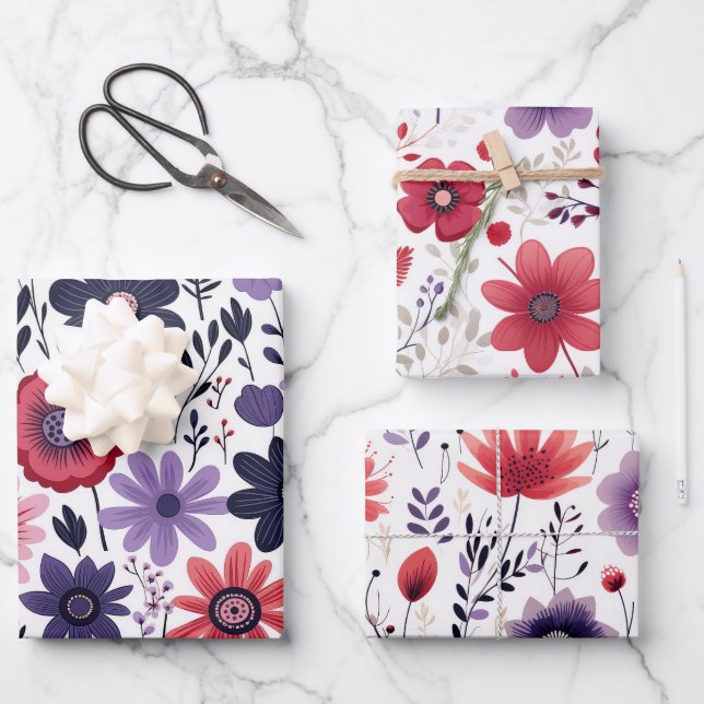 Hoja De Papel De Regalo Marina Wildflowers Púrpura Roja (Anverso)