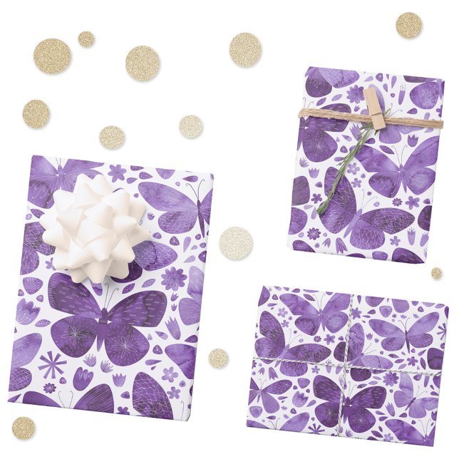 Hoja De Papel De Regalo Mariposa acuarela morado (Purple watercolor butterfly gift wrapping paper sheets)