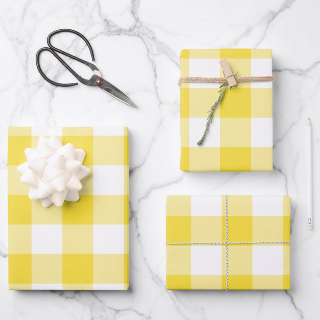Hoja De Papel De Regalo Mariposa amarillo Gingham Check Plaid (Anverso)