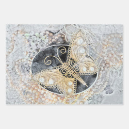 Hoja De Papel De Regalo Mariposa de época Romántica Oro Blanco Arte Negro