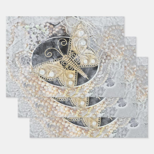Hoja De Papel De Regalo Mariposa de época Romántica Oro Blanco Arte Negro (Set)