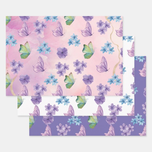 Hoja De Papel De Regalo Mariposa floral rosa (Set)